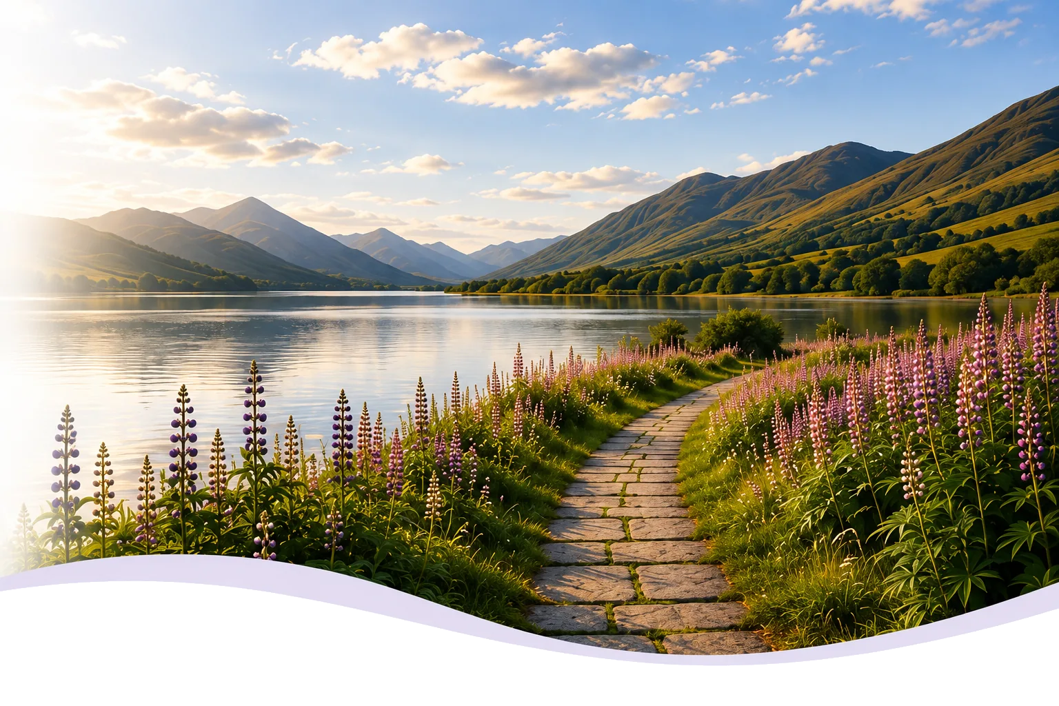 A path beside a lake through the South Lakes landscape